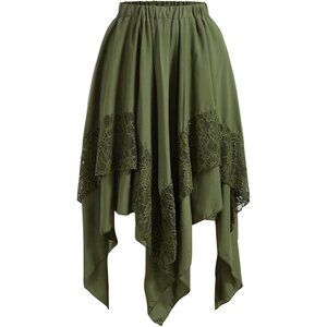 Women Green Y2k Contrast Lace Asymmetrical Whimsical Clothes Gothic Midi Skirts